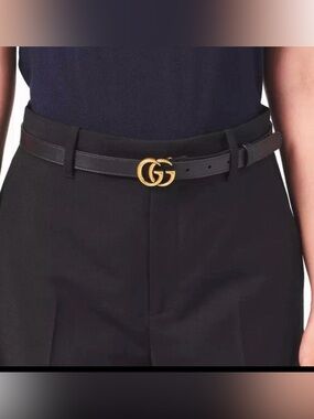 Gucci Black Leather Thin Marmont GG Belt with Gold Buckle- 100-L W Box & Dustbag
